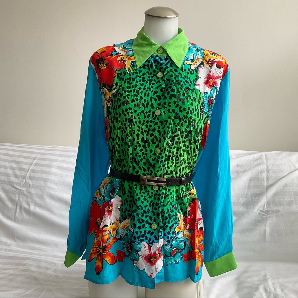 Diane Gilman | Vintage 100% Silk Leopard Floral Sequin Maximalist Blouse | M - Picture 4 of 12